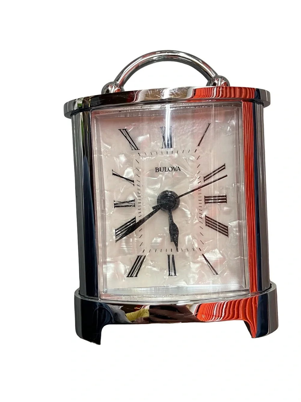 Bulova Desk Clock Silver Toned Pearl Face Roman Numerals Carriage Style Office ~